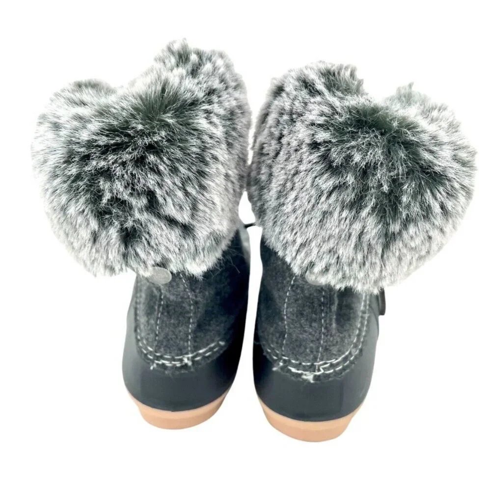 Report Faux Fur Trimmed Tweed Rubber Duck Boots Black Gray SZ 6 NEW